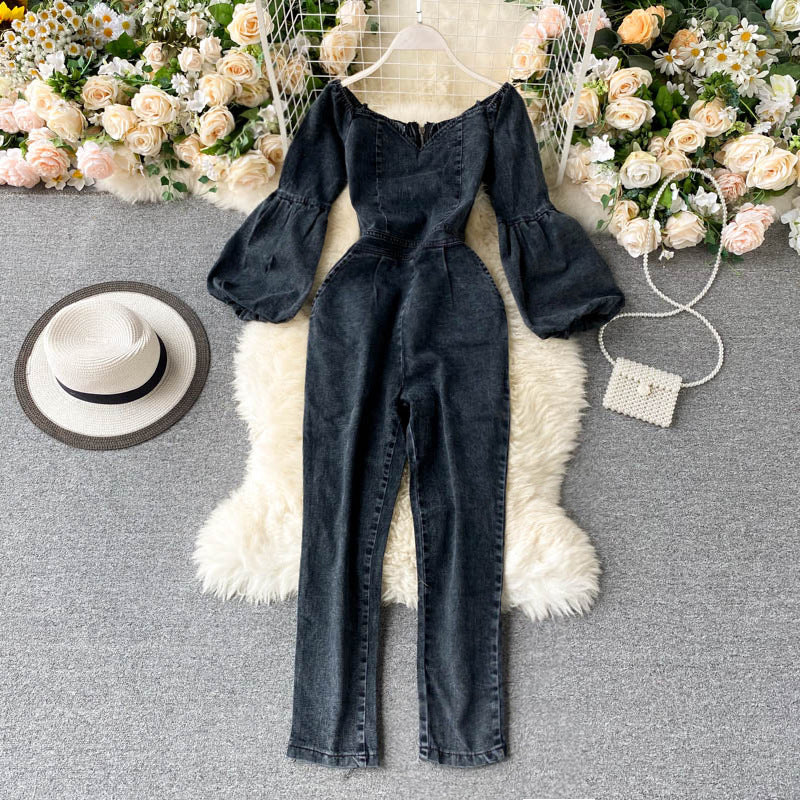 Denim Strapless Puffy Sleeved Jumpsuit