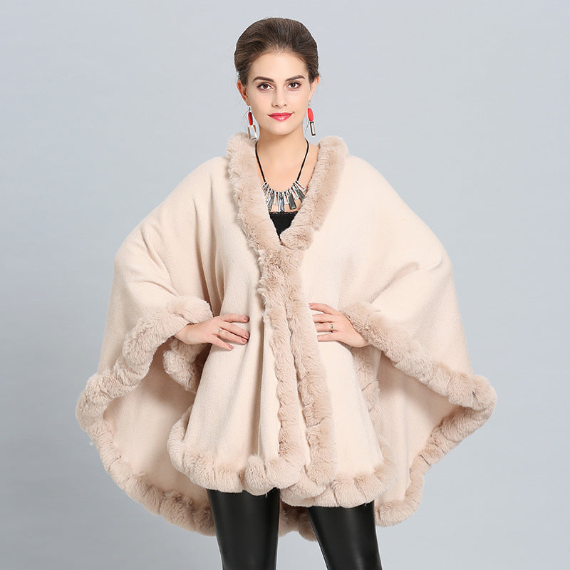 Faux Fox Fur Collar Knitted Shawl