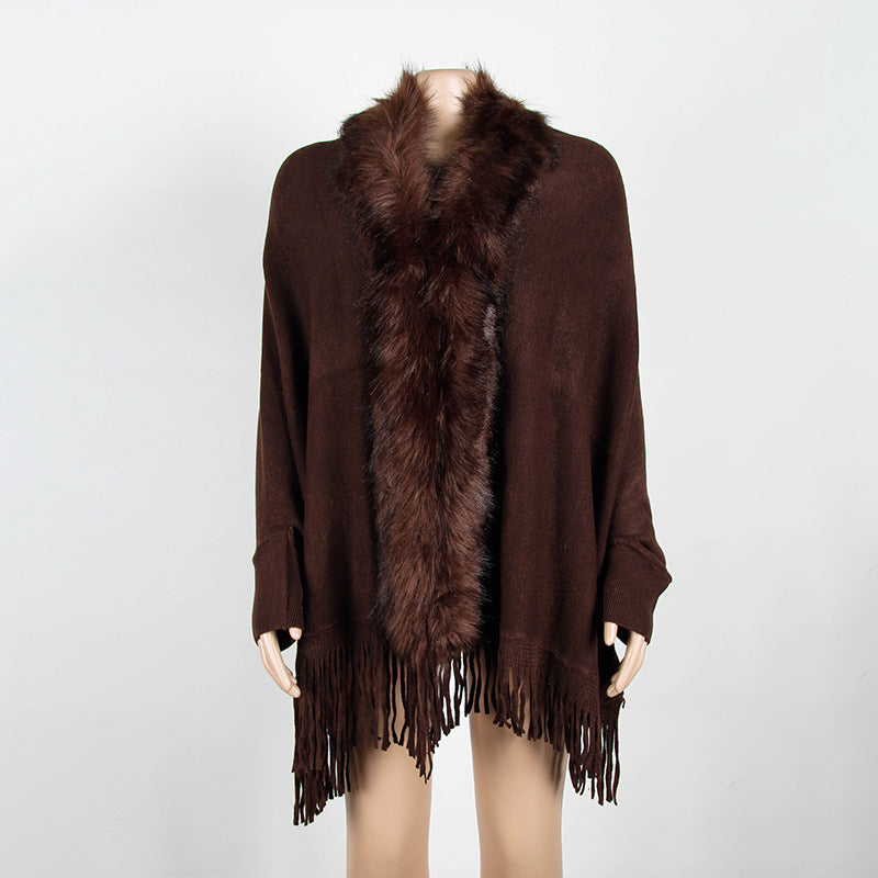 Autumn  Fringed Shawl with Fur Collar