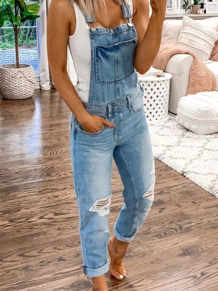 Shredded Denim Overalls