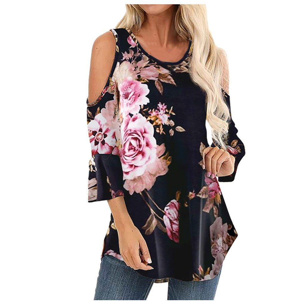 Stylish Floral Shoulder Cut Out Top