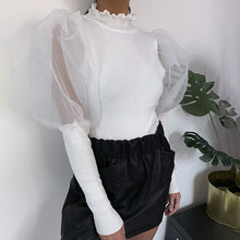 Load image into Gallery viewer, Mesh Spliced Rib Puff Sleeves Top
