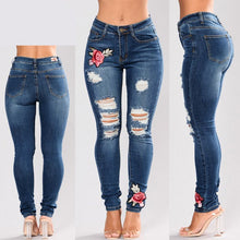 Load image into Gallery viewer, Flower Embroidered  Stretchy Jeans
