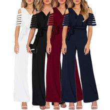 Load image into Gallery viewer, V-neck Mesh Striped Sleeved Jumpsuit
