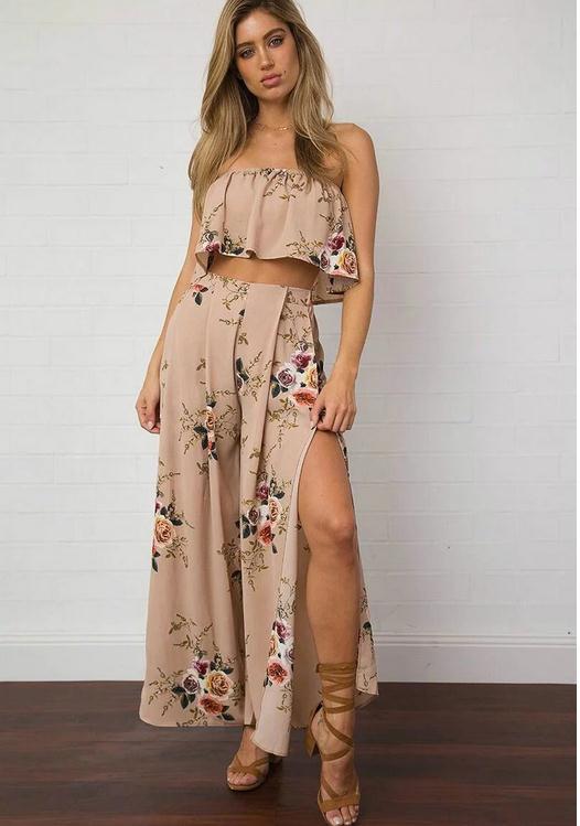 Flower Accented High Waist Skirt Set