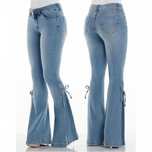 Load image into Gallery viewer, Bow Accented Bell Bottom Stretch Jeans
