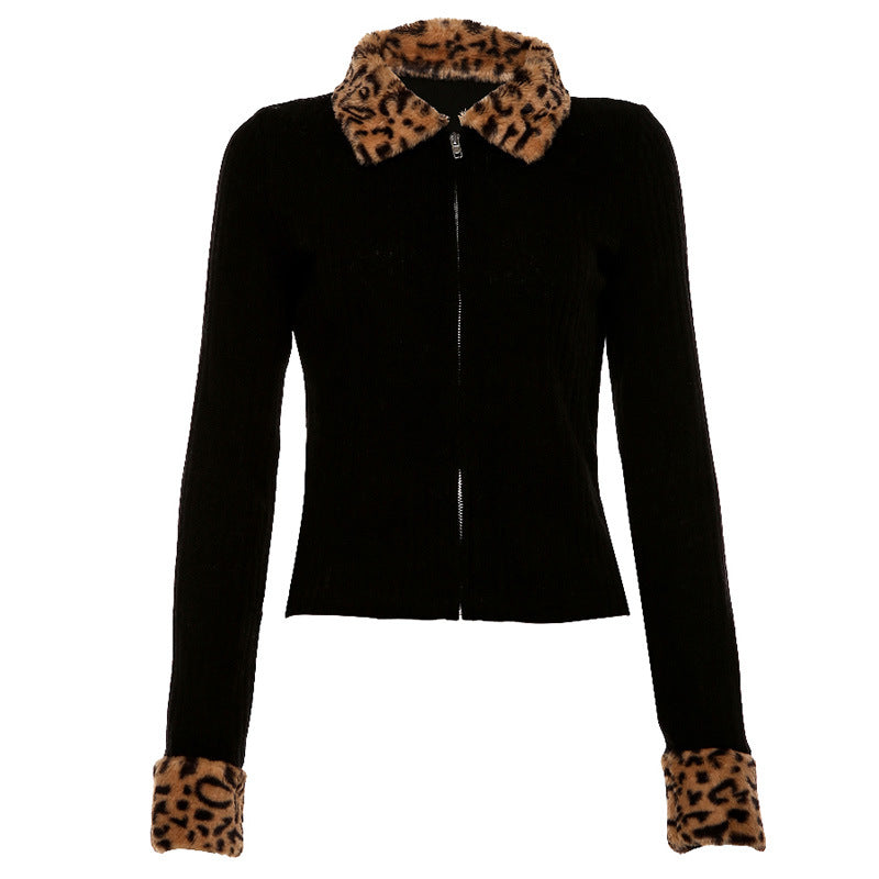 Leopard Trimmed Collar Black Jacket