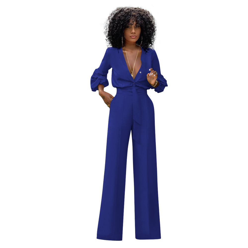 Relaxed Belted Deep V Jumpsuit