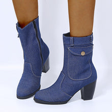 Load image into Gallery viewer, Heeled Denim Mid-leg Boots
