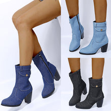 Load image into Gallery viewer, Heeled Denim Mid-leg Boots
