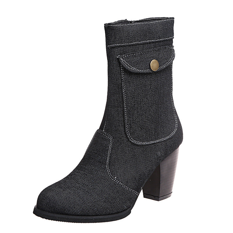 Heeled Denim Mid-leg Boots