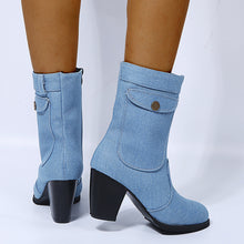 Load image into Gallery viewer, Heeled Denim Mid-leg Boots
