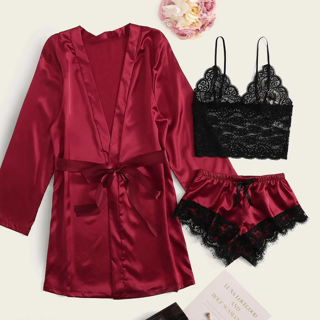 Three-Piece Lace Top Silky Pajamas