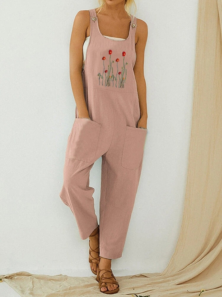 Embroidered Casual Overalls With Suspenders