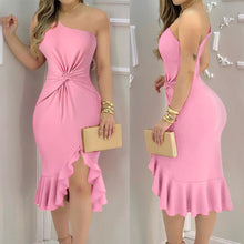 Load image into Gallery viewer, One-Shoulder Cinched Waist Pink Dress
