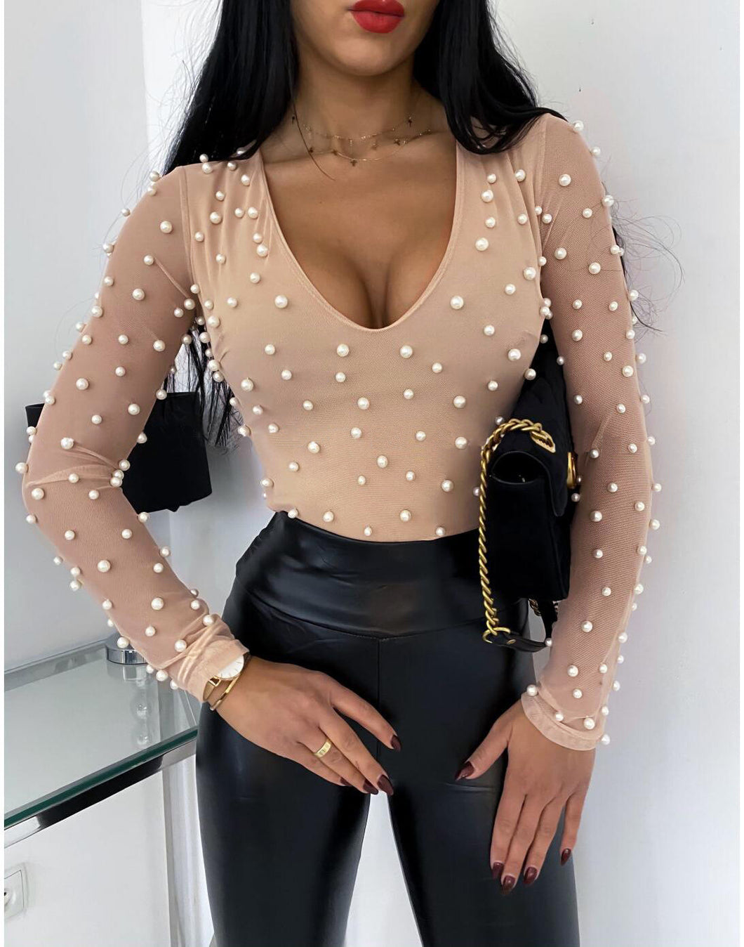 Long Sleeve Beaded Mesh Top