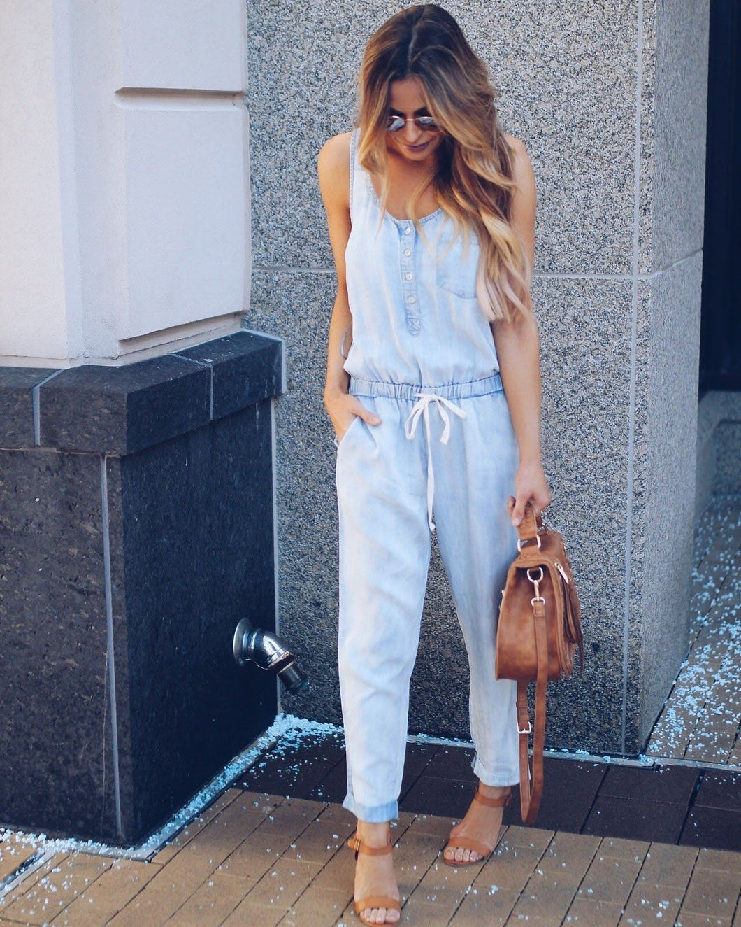 Drawstring Denim Jumpsuit