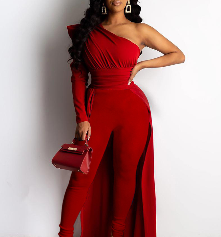 One-Shoulder Puff Sleeve Jumpsuit