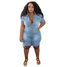 Load image into Gallery viewer, Washed Shredded Denim Romper
