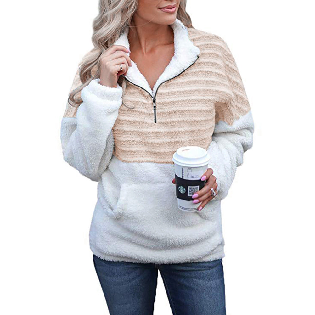 Plush V-neck zipper long sleeves