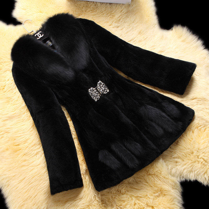 Mid-Length Fox Fur Collar Elegant Coat