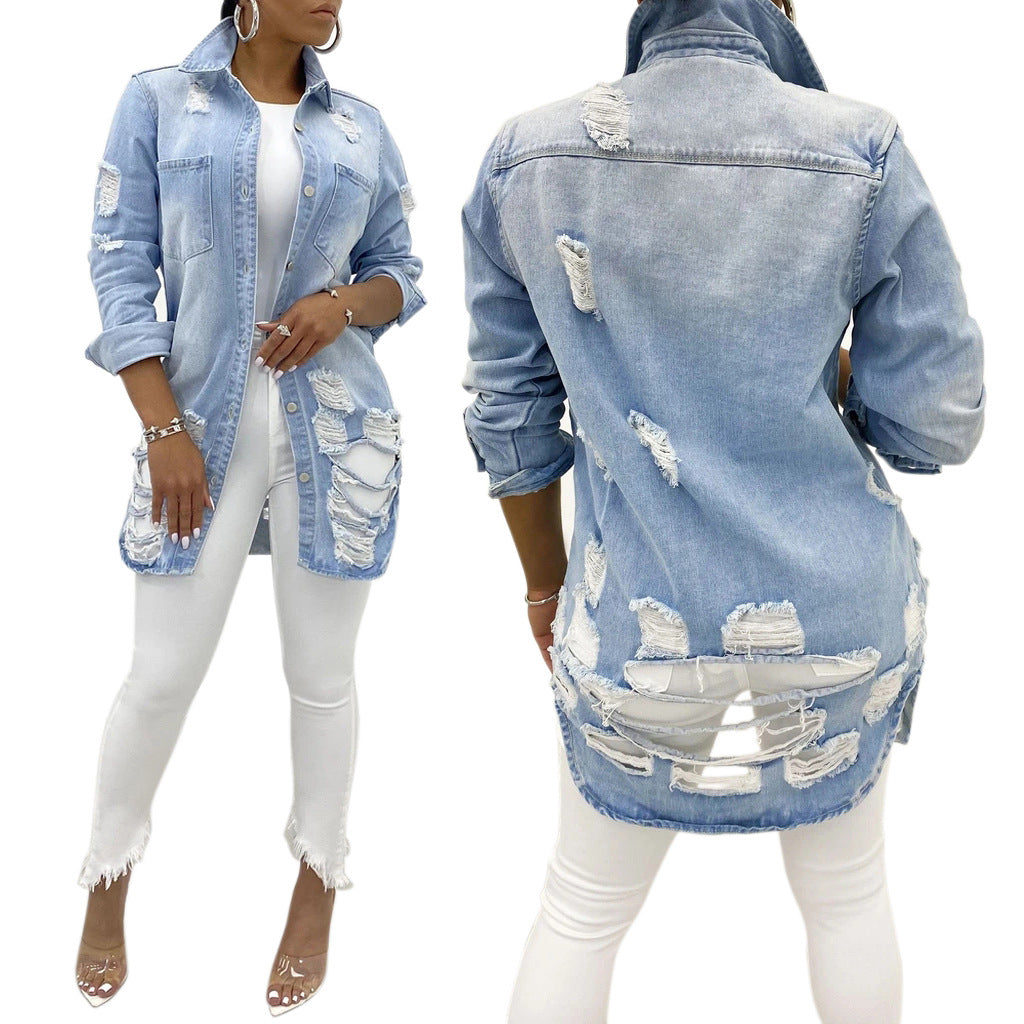 Long Hem Shredded Denim Shirt Jacket