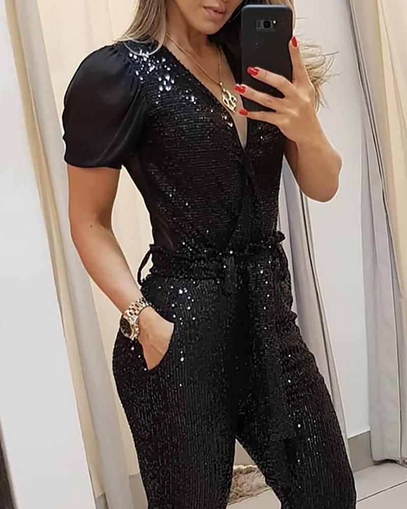 Deep V  Black Sequined Jumpsuit