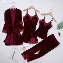 Load image into Gallery viewer, Lace Trimmed Velour 4-Pc Pajama Set
