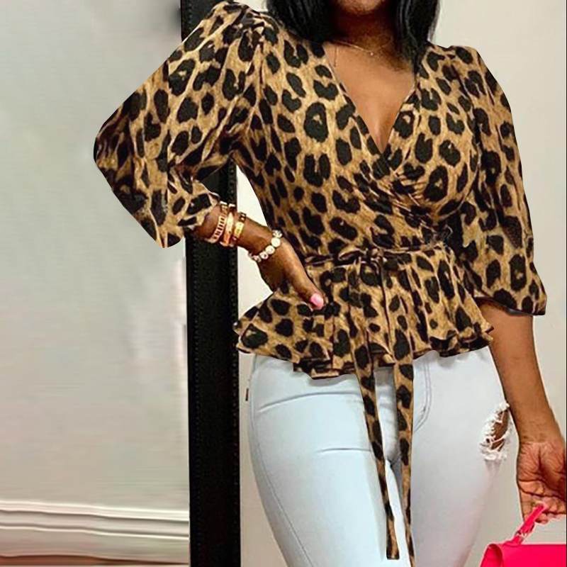 V-Neck Long Sleeve Loose Leopard Print Top