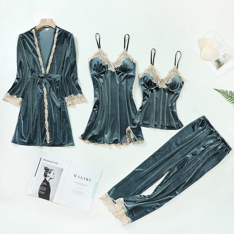 Lace Trimmed Velour 4-Pc Pajama Set