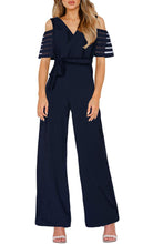 Load image into Gallery viewer, V-neck Mesh Striped Sleeved Jumpsuit
