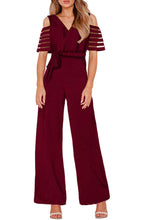 Load image into Gallery viewer, V-neck Mesh Striped Sleeved Jumpsuit
