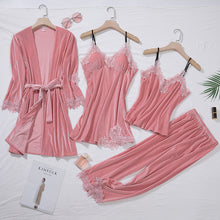 Load image into Gallery viewer, Lace Trimmed Velour 4-Pc Pajama Set
