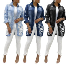 Load image into Gallery viewer, Long Hem Shredded Denim Shirt Jacket
