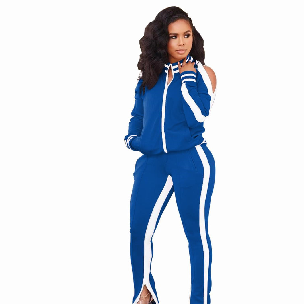 Shoulder Cut Out Piped Jogger Suit