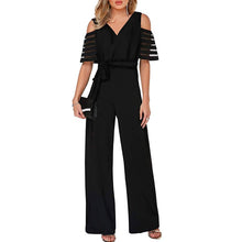 Load image into Gallery viewer, V-neck Mesh Striped Sleeved Jumpsuit
