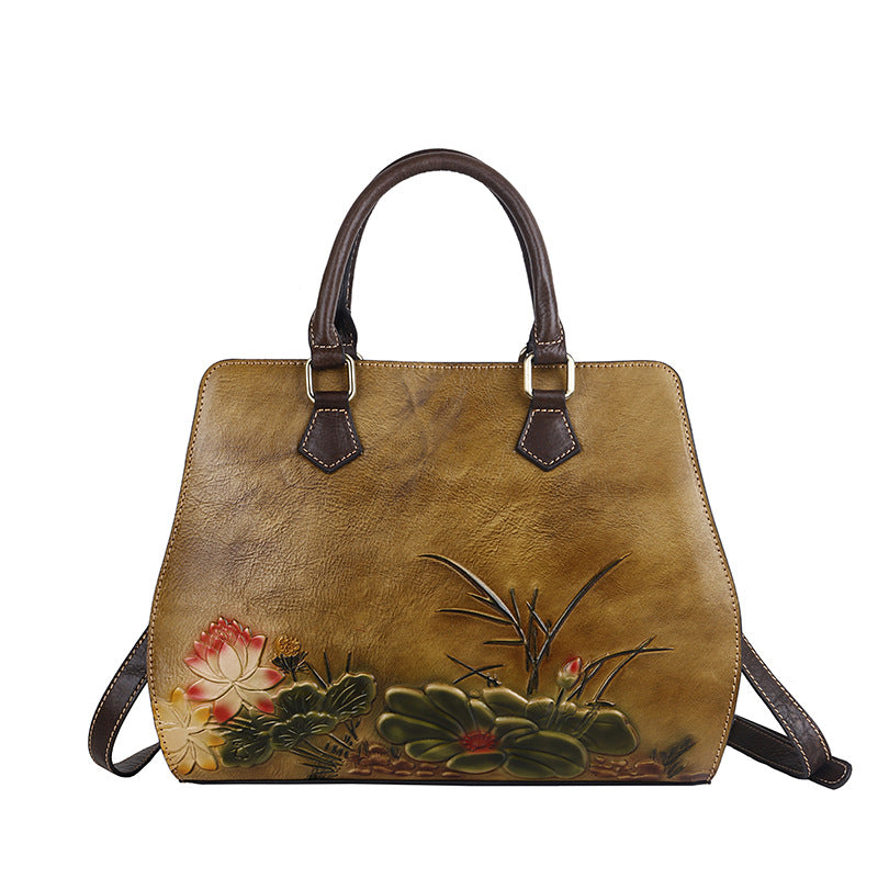 Flower Embossed Leather Handbag