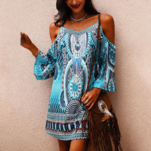 Load image into Gallery viewer, Off-the-shoulder Spaghetti Strap Aqua Psychedelic Dress
