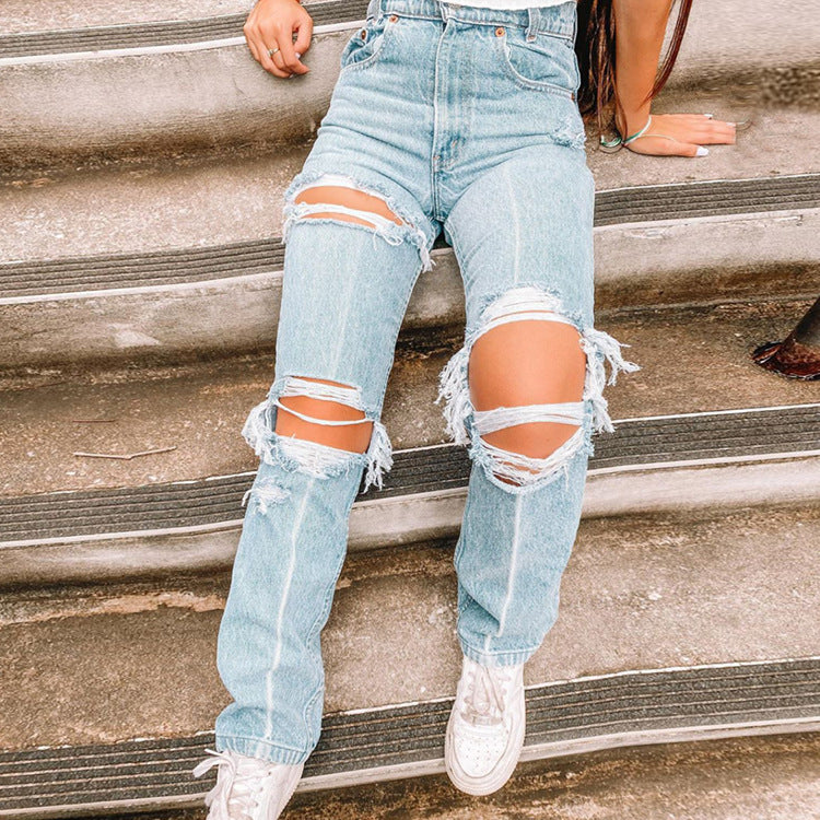 Denim Shredded Fitted Pants