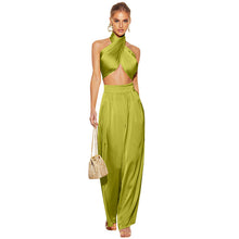 Load image into Gallery viewer, Satin Cross Top With Wide Leg Pant Suit
