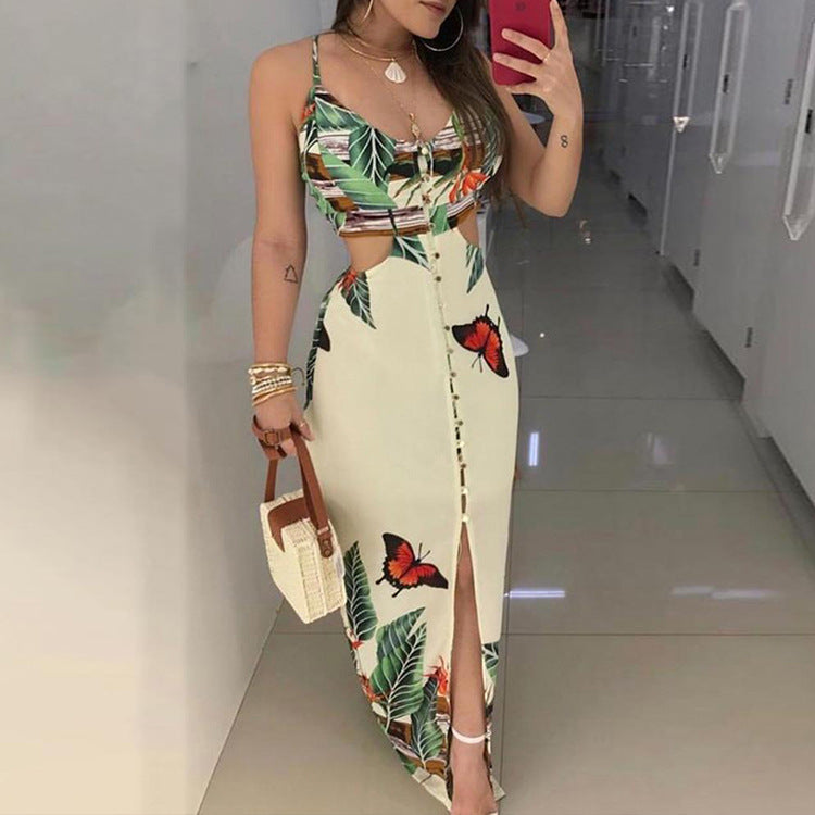 Thin Strapped Butterfly Print Dress