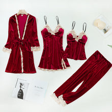 Load image into Gallery viewer, Lace Trimmed Velour 4-Pc Pajama Set
