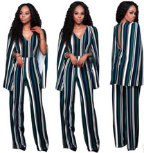 Load image into Gallery viewer, V-neck Stripped Print Cloaked Back Jumpsuit
