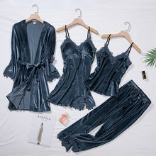 Load image into Gallery viewer, Lace Trimmed Velour 4-Pc Pajama Set
