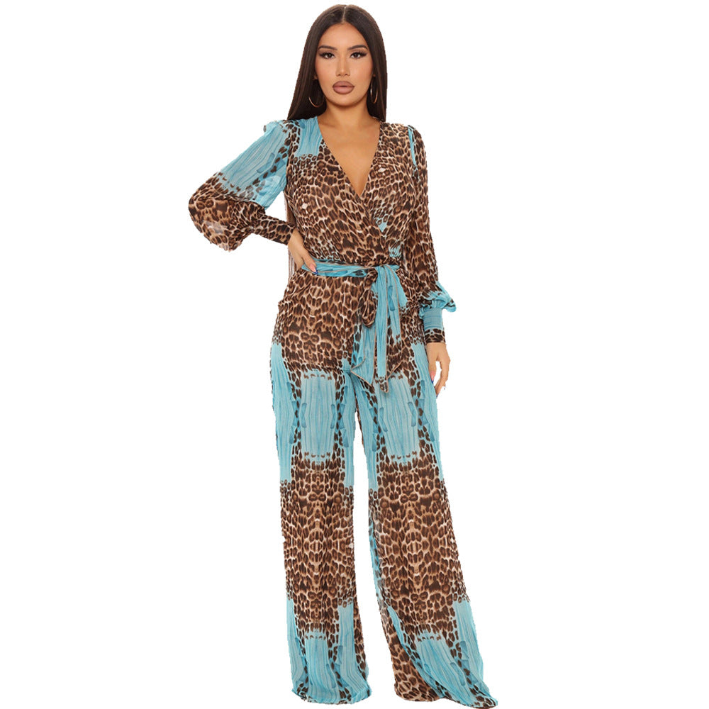 Digital Print V-neck Jumpsuit