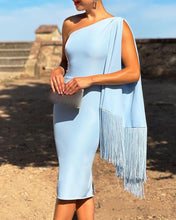 Load image into Gallery viewer, Sky Blue One-shoulder Fringed Cloak Dress
