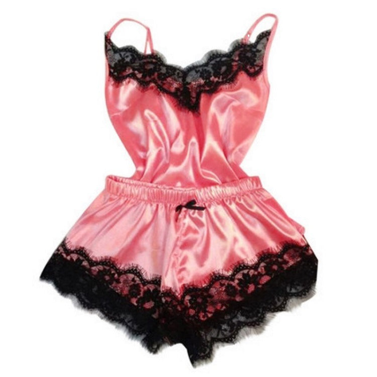 Lace Trimmed Silky Pajama Short Set