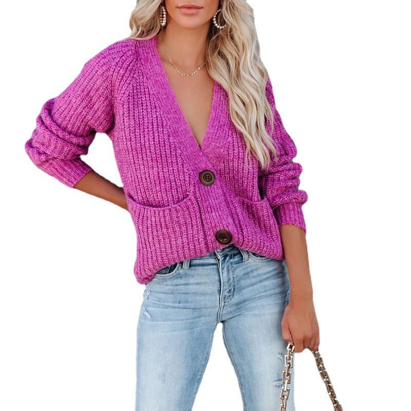 Thick V-Neck Solid Color Cardigan