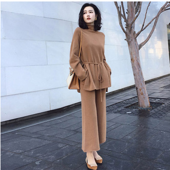 Knitted Wide Leg Belted Pants Set