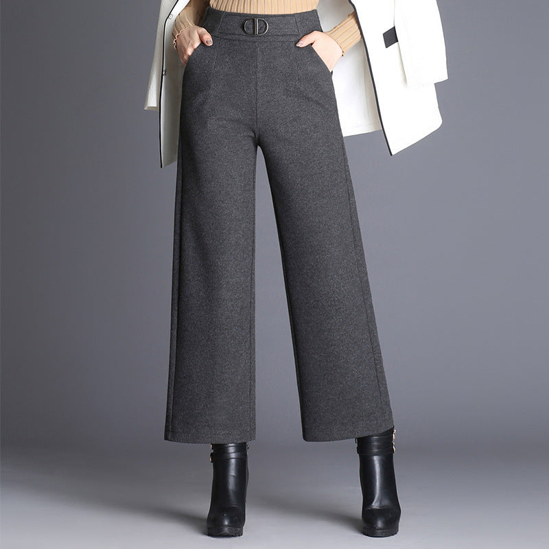 Woolen Wide-leg Fitted Waist Pants